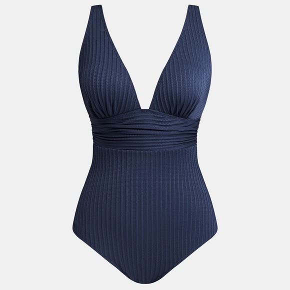 NWT! Navy Ribbed & Ruched Cupshe One Piece Slimming Swimsuit Large - Picture 3 of 15